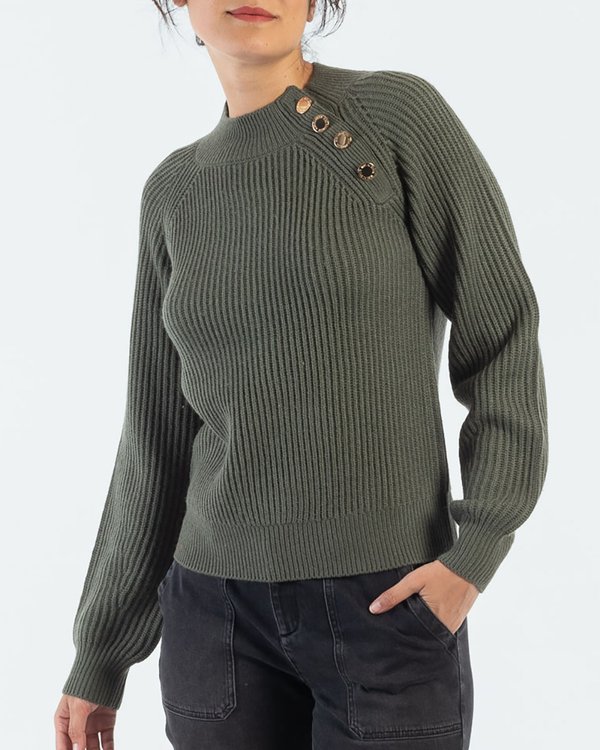 Pull uni col montant côte anglaise manches longues 30% laine