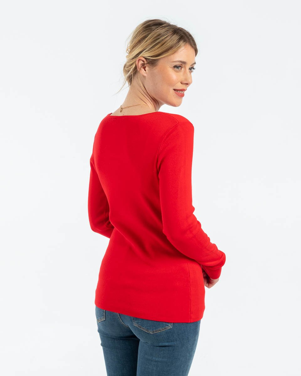 Pull uni grand col rond épaules boutonnées manches longues