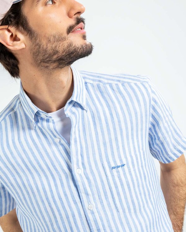 chemise homme a manches courtes en lin et coton bleu chemise