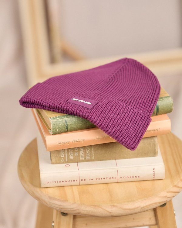 Bonnet en tricot violet