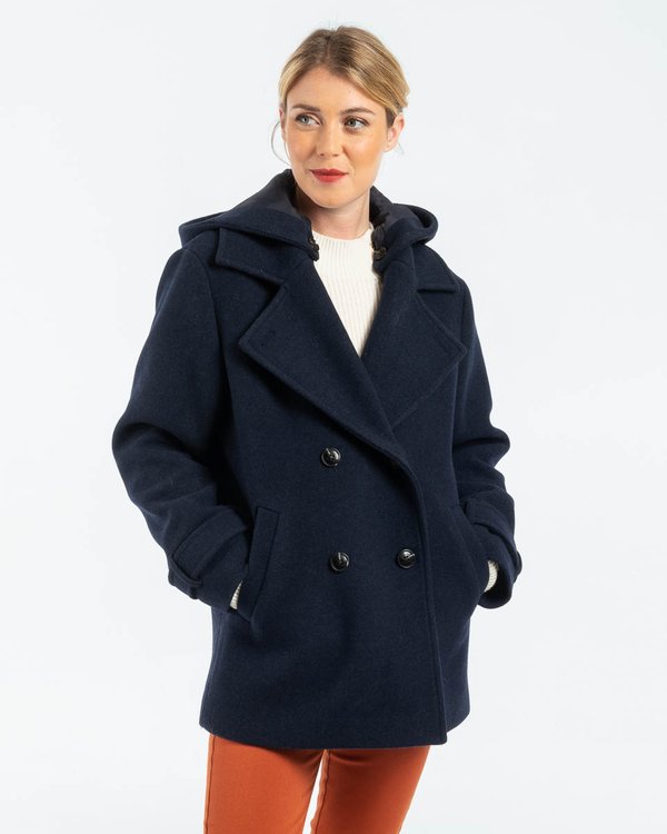 Manteau caban twill à capuche amovible 50% laine bleu I Mise au Green